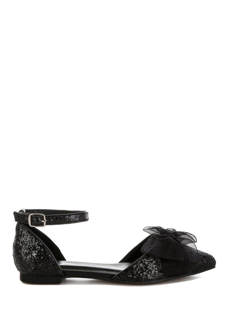 Sheer Bow Detail Glitter Flat Sandals in Black