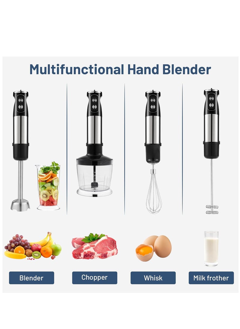 Immersion Blender Handheld 600W 5-in-1 Hand Blender Electric 304 Stainless Steel Whisk & Frother, Chopper Bowl, Measuring Beaker 12 Speed Stick Blender for Kitchen, Baby Food & Puree