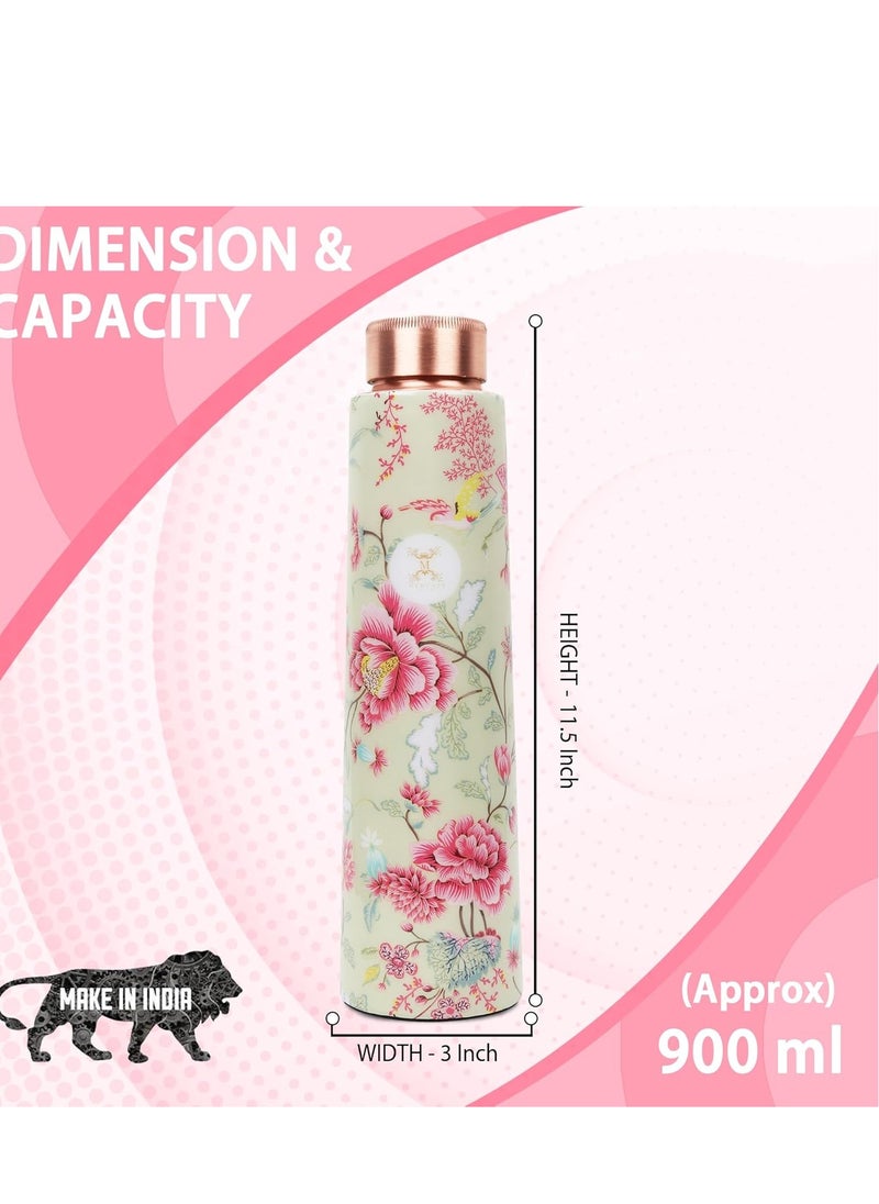 MERCAPE® - 100% Pure Joint Less Copper Bottles for Water with Leak Proof Lid | Ayurveda BPA Free & Non Toxic | Ayurvedic Office | Flower Print Bottle | Hiking Treking Bottle - 900ml