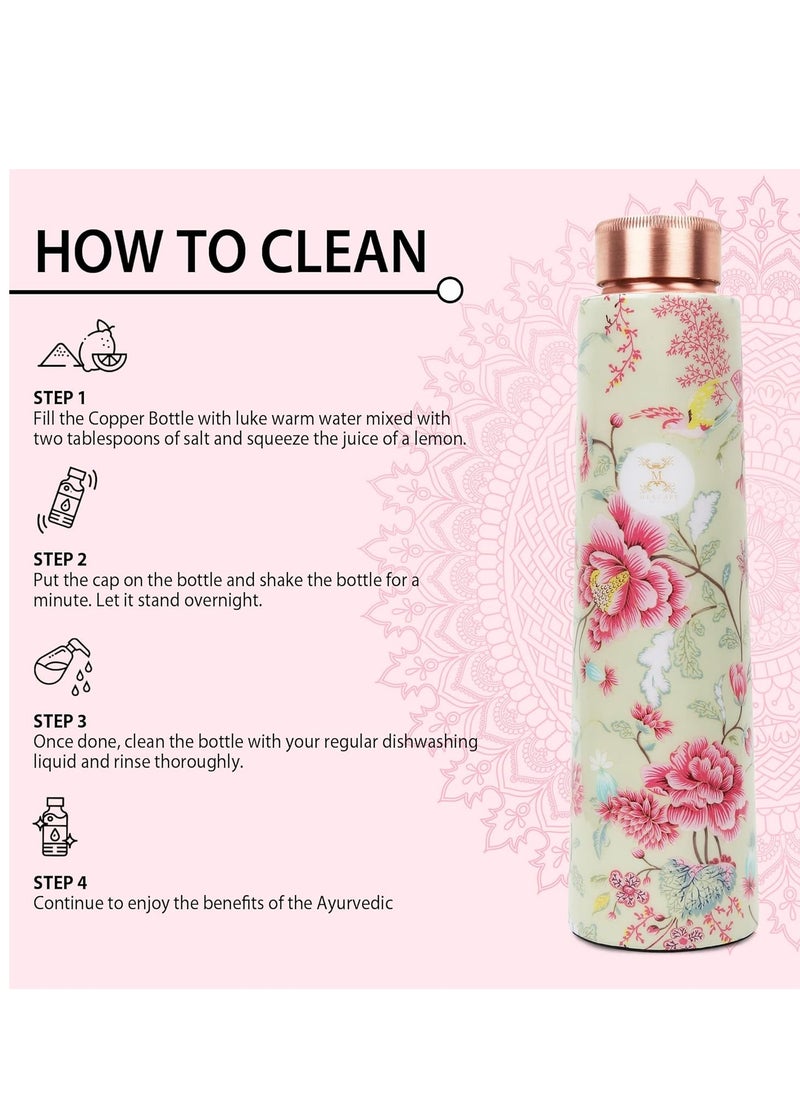 MERCAPE® - 100% Pure Joint Less Copper Bottles for Water with Leak Proof Lid | Ayurveda BPA Free & Non Toxic | Ayurvedic Office | Flower Print Bottle | Hiking Treking Bottle - 900ml