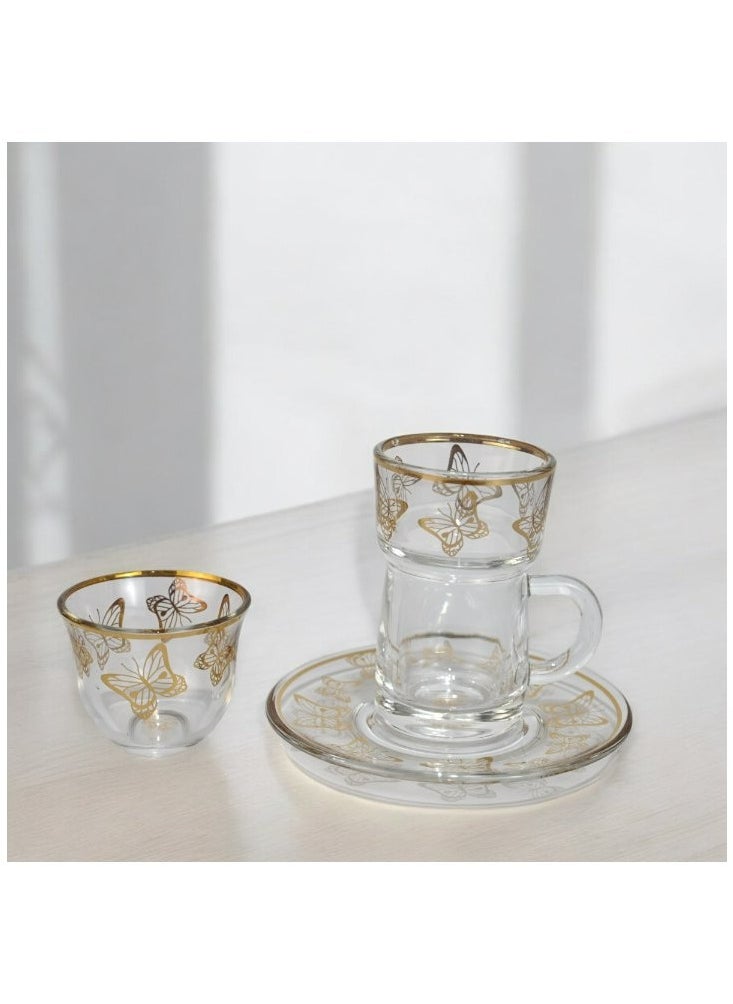 18-Piece Coffee &Tea Cup Vintage And Luxury Glass Set With Saucer Golden &Sliver