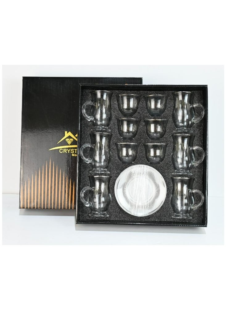 18-Piece Coffee &Tea Cup Vintage And Luxury Glass Set With Saucer Golden &Sliver