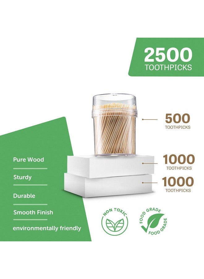 Prestee 2500ct Wooden Toothpicks + Reusable Toothpick Container, Light Wood - Sturdy Smooth Finish Bamboo Tooth Picks for Teeth, Party Cocktail Picks, Toothpicks Wood for Appetizers, 100% Natural