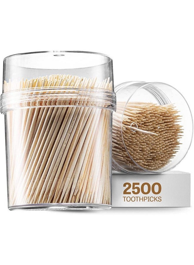 Prestee 2500ct Wooden Toothpicks + Reusable Toothpick Container, Light Wood - Sturdy Smooth Finish Bamboo Tooth Picks for Teeth, Party Cocktail Picks, Toothpicks Wood for Appetizers, 100% Natural