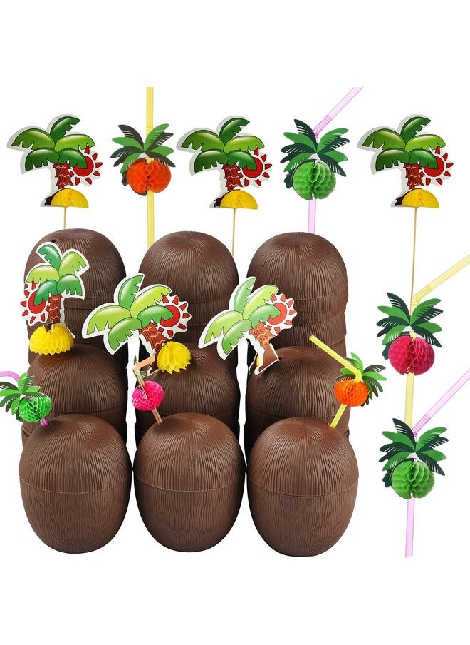 ALINK 18 Coconut Cups with 18 Straws and 18 Cocktail Drink Picks, Hawaiian Luau Tiki and Beach Party Decorations for Kids and Adults