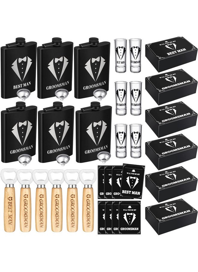 Yaomiao 30 Pcs Groomsmen Gift Wedding Gift, Including 6 Pcs 8 oz Groomsmen Flask 6 Wooden Bottle Opener 6 Party Favors Shot Glasses 6 Groomsmen Gift Boxes Empty 6 Proposal Cards Best Man Gift