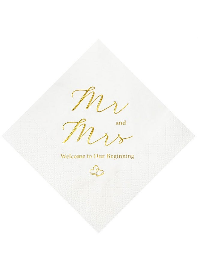 Crisky Gold Foil Mr and Mrs Wedding Cocktail Napkins 100 Counts for Wedding Party Reception Dessert Cake Table Decorations Welcome to Our Beginning Disposable Napkins, 3-Ply,