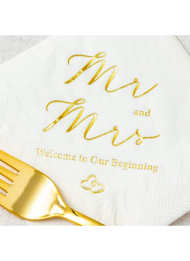 Crisky Gold Foil Mr and Mrs Wedding Cocktail Napkins 100 Counts for Wedding Party Reception Dessert Cake Table Decorations Welcome to Our Beginning Disposable Napkins, 3-Ply,