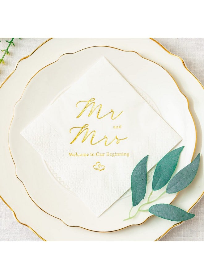 Crisky Gold Foil Mr and Mrs Wedding Cocktail Napkins 100 Counts for Wedding Party Reception Dessert Cake Table Decorations Welcome to Our Beginning Disposable Napkins, 3-Ply,