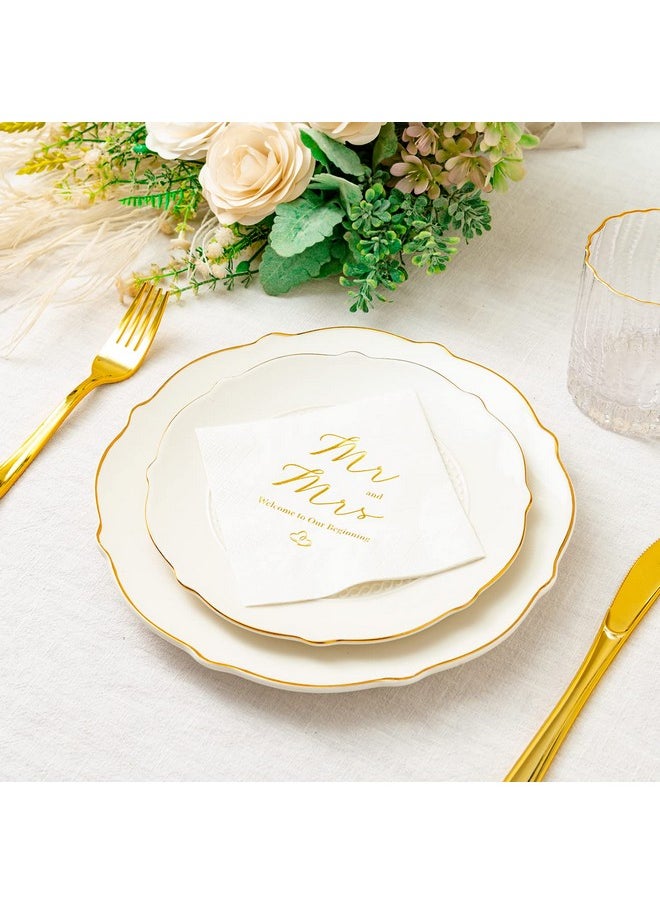 Crisky Gold Foil Mr and Mrs Wedding Cocktail Napkins 100 Counts for Wedding Party Reception Dessert Cake Table Decorations Welcome to Our Beginning Disposable Napkins, 3-Ply,