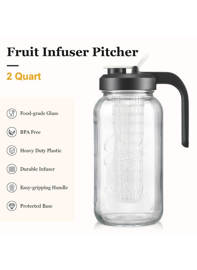 Mason Jar Fruit Infuser Water Pitcher, Glass Pitcher with Filter Lid, Wide Mouth Jar Leak-proof Water Pitcher, Heavy Duty Glass Jar - 2 Quart