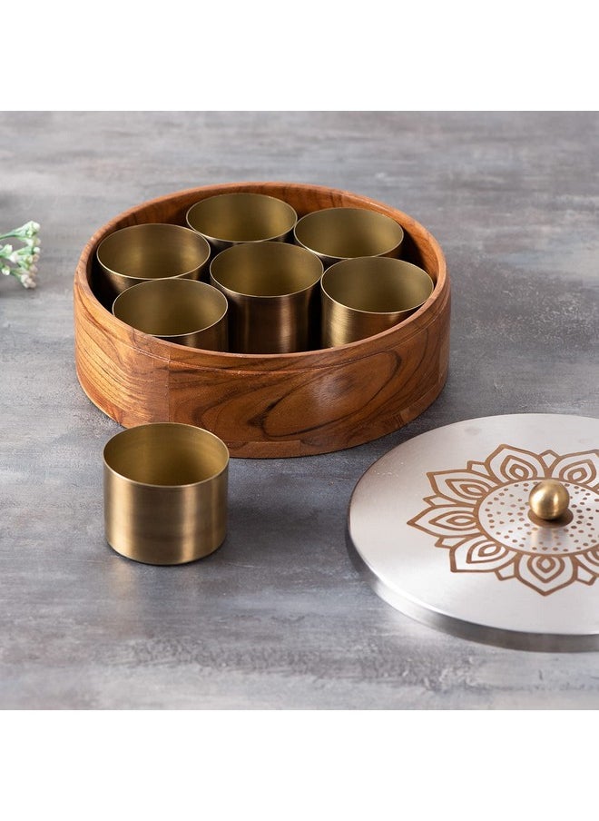 nestroots Masala Box For Kitchen Spice Box Storage/Organisers | Anjarai Petti For Kitchen Wooden Stainless Steel Masala Box 7 Jars Container (9 Inch Dia, Silver Mid Flower), Blue-Violet