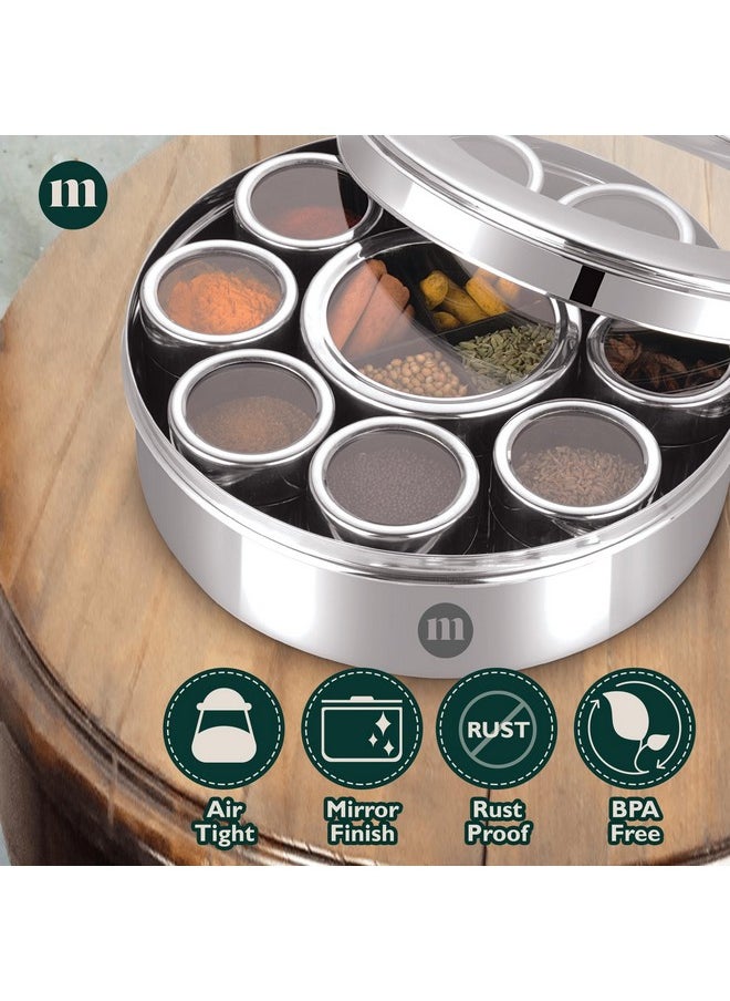 MARU Extra Large 12 in 1 Spice Box for kitchen with Threaded Lids | Masala Box For Kitchen Steel | Masala Container For Kitchen See Through Lid (Size 14 Extra Large 24.5cms) Silver