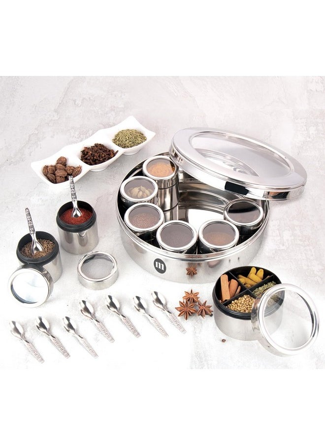 MARU Extra Large 12 in 1 Spice Box for kitchen with Threaded Lids | Masala Box For Kitchen Steel | Masala Container For Kitchen See Through Lid (Size 14 Extra Large 24.5cms) Silver