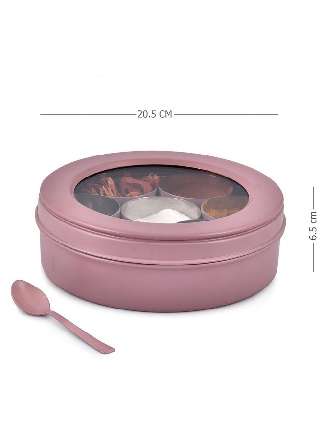 Elan 7 Compartment Multipurpose Air-Tight Stainless Steel See-Through Round Colorful Spice Box/Popula Dabba with Lid and Spoon | Mauve, (1500 ml)