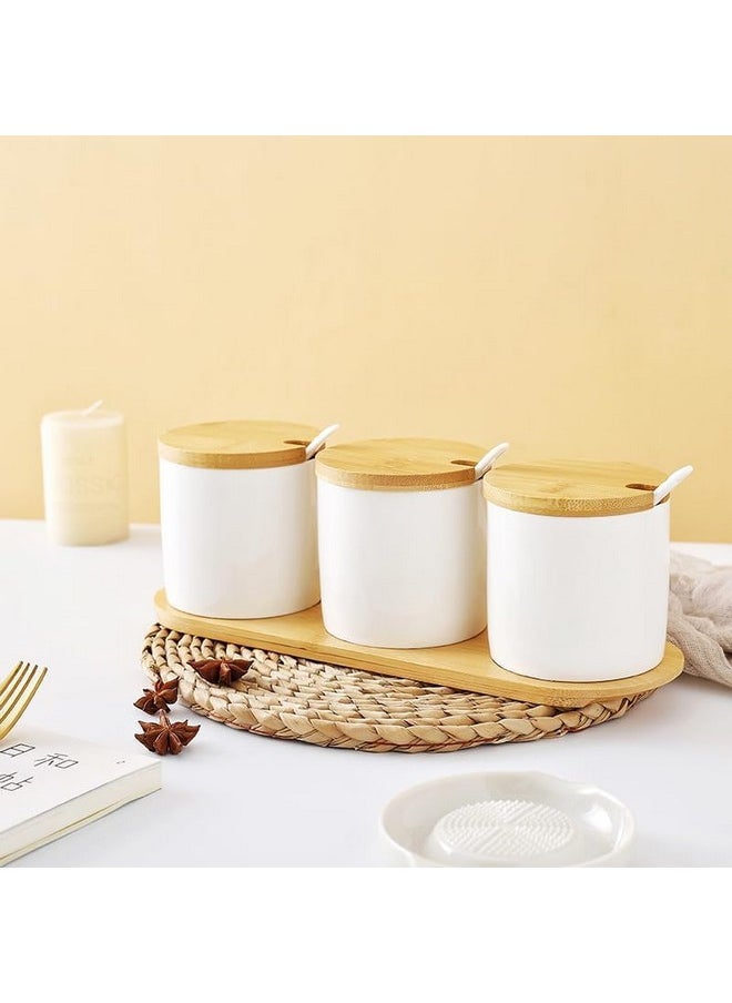 Kuber Industries Kitchen Storage Box | Spoon and Wooden Tray Spice Container | Round Condiment Jar for Home | Air-Tight Bamboo Lid Kitchen Set | Set of 3 | BK03WT | 250 ML | White