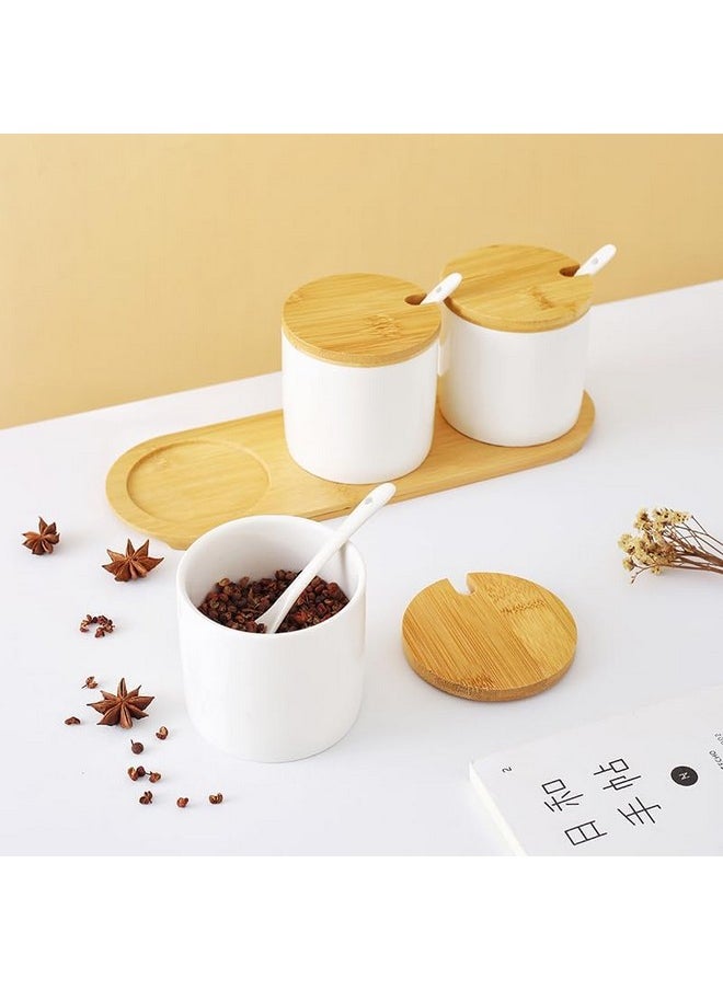 Kuber Industries Kitchen Storage Box | Spoon and Wooden Tray Spice Container | Round Condiment Jar for Home | Air-Tight Bamboo Lid Kitchen Set | Set of 3 | BK03WT | 250 ML | White