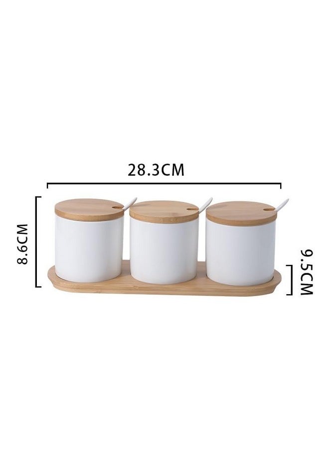 Kuber Industries Kitchen Storage Box | Spoon and Wooden Tray Spice Container | Round Condiment Jar for Home | Air-Tight Bamboo Lid Kitchen Set | Set of 3 | BK03WT | 250 ML | White