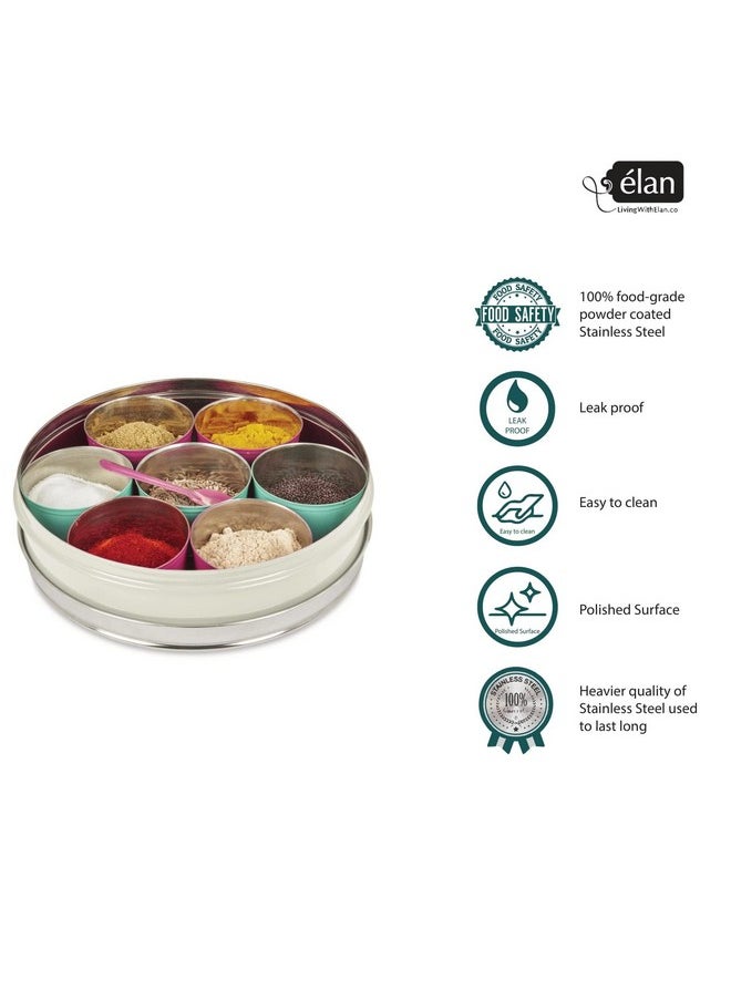 Elan Spice Box, Stainless Steel, Masala Box, 7 Compartments With 1 Spoon, Off White