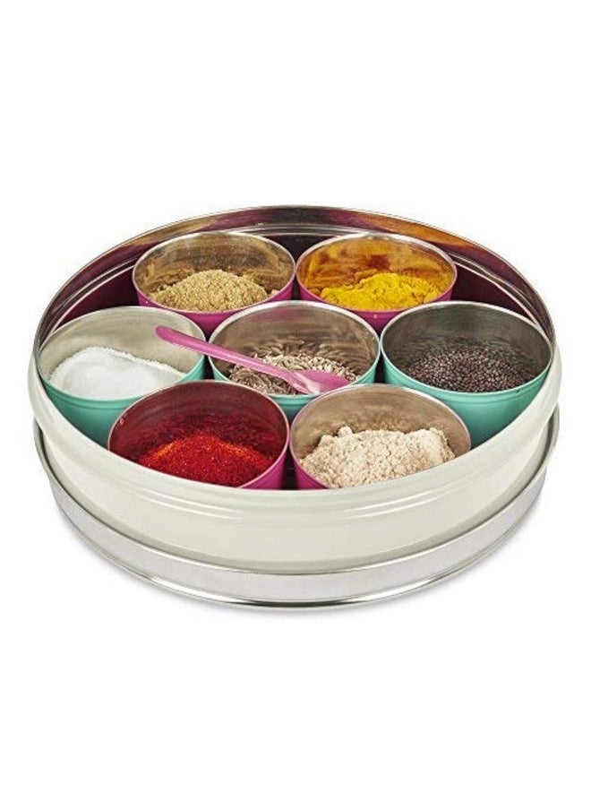 Elan Spice Box, Stainless Steel, Masala Box, 7 Compartments With 1 Spoon, Off White