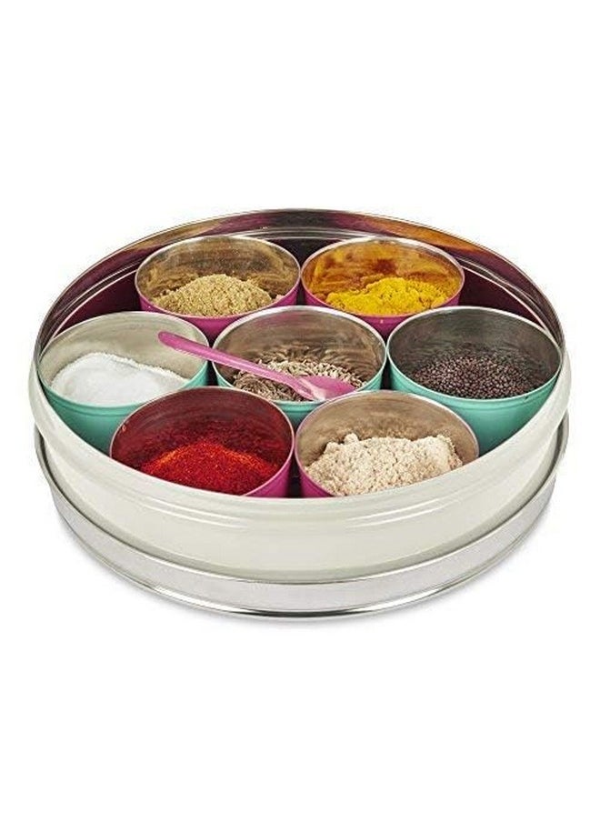 Elan Spice Box, Stainless Steel, Masala Box, 7 Compartments With 1 Spoon, Off White