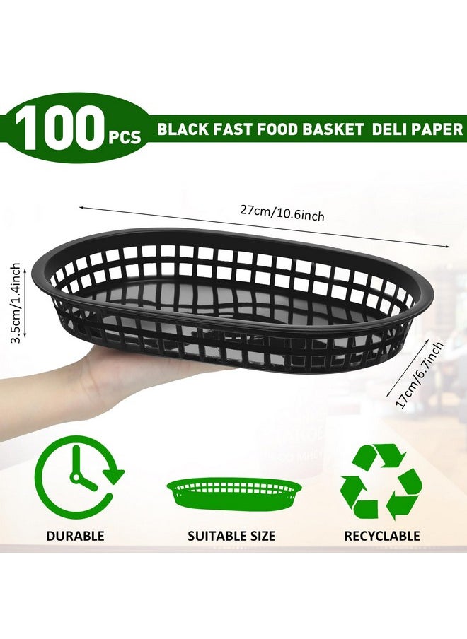 100 Pcs Fast Food Serving Baskets Bulk 10.5 x 7 Inch, Plastic Oval Restaurant Basket Black Chip Basket Reusable Bread Sandwich Baskets for Retro Food Fry Burgers Baskets Tray Party Deli Supplies