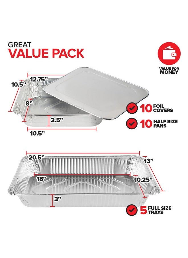 Chafing Dish Buffet Set with Cover Disposable - 21x13 (5 Pack) 9x13 & Lids (10 Pack) Aluminum Serving Trays, Catering Pans for Keeping Food Warm, Chaffing Dishes for Buffets and Parties, Warming Tray