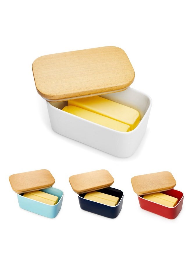 Sweese Large Butter Dish - Airtight Butter Keeper Holds Up to 2 Sticks of Butter - Porcelain Container with Beech Wooden Lid, White