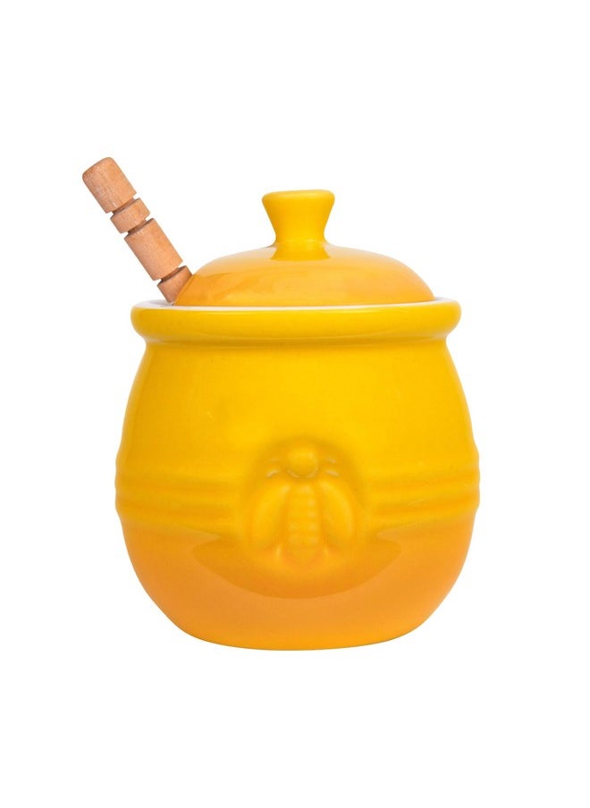 Creative Co-Op Yellow Stoneware Honey Pot with Lid & Wood Honey Dipper