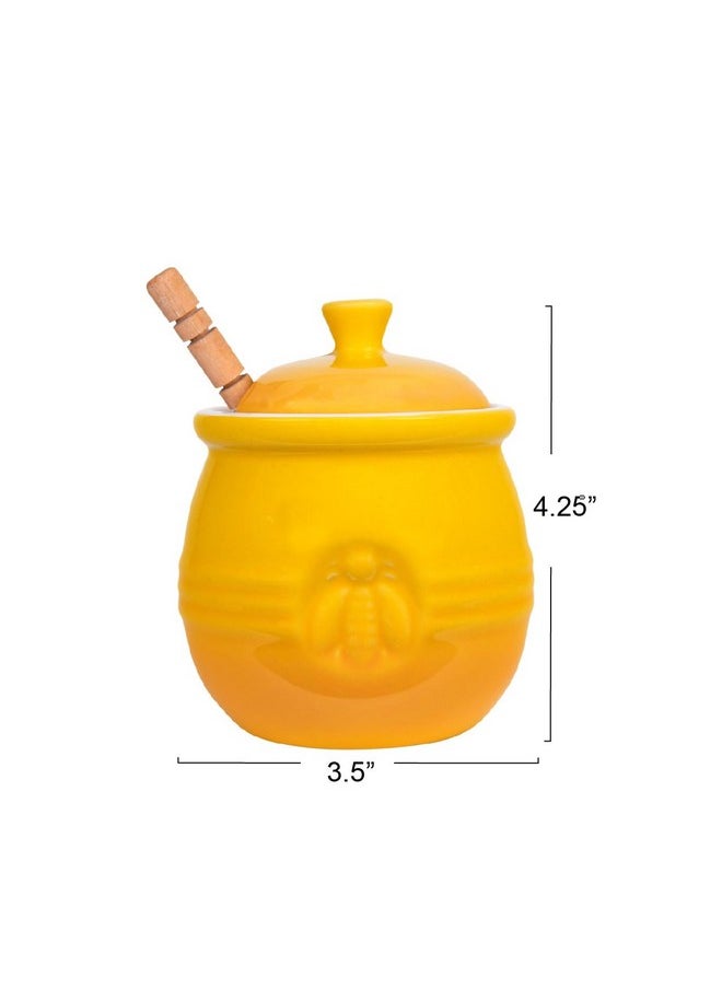 Creative Co-Op Yellow Stoneware Honey Pot with Lid & Wood Honey Dipper