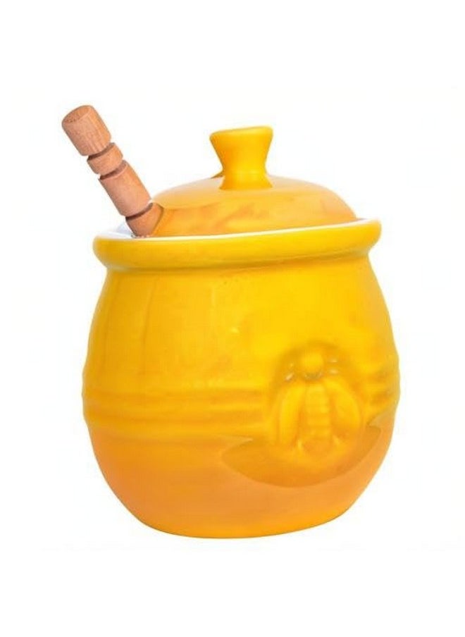 Creative Co-Op Yellow Stoneware Honey Pot with Lid & Wood Honey Dipper
