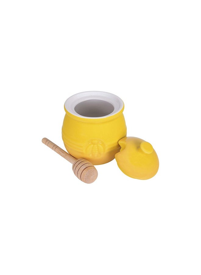 Creative Co-Op Yellow Stoneware Honey Pot with Lid & Wood Honey Dipper