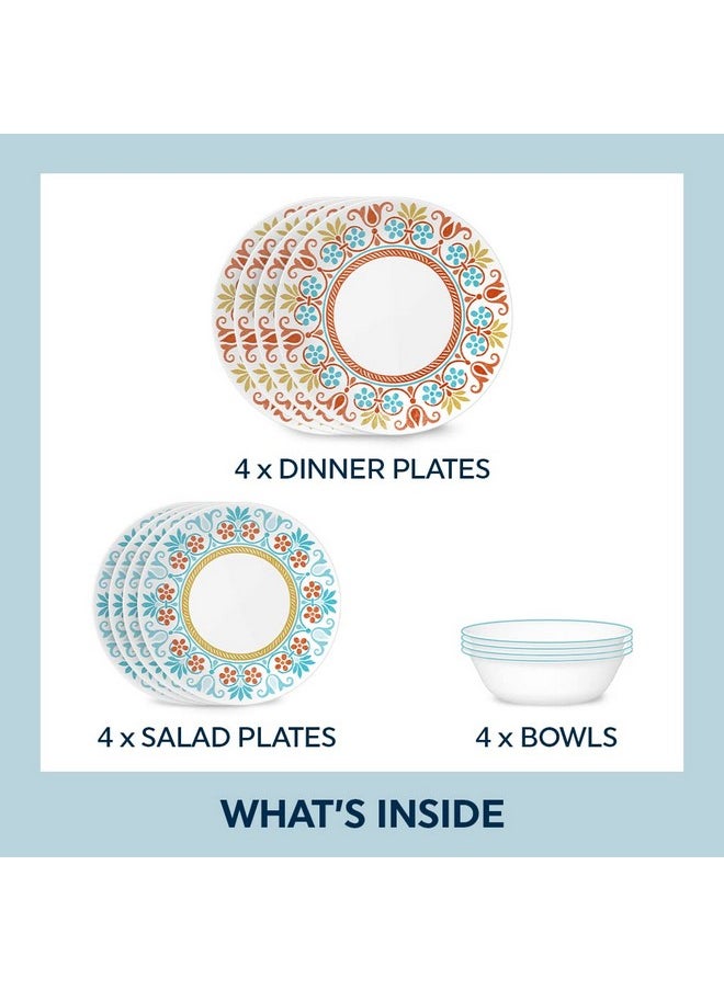 Corelle Global Collection Vitrelle 12-Piece Dinnerware Set, Triple Layer Recycled Glass, Lightweight Eco-Friendly Round Plates and Bowls Set, Terracotta Dreams