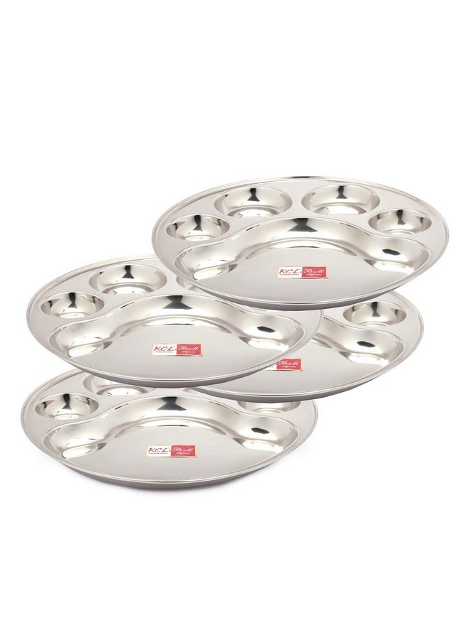 KCL Stainless Steel (Heavy Guage) Round Plate - 4 Partition Divided, Lunch/Dinner/Bhojan/Thali Plates - 4 Unit - Diameter - 12 Inches Each