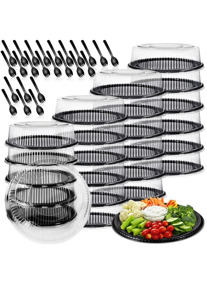 Tessco 24 Pack 12 Inch Heavy Duty Serving Tray with Clear Lid and Sporks, Large Plastic Tray with Elegant Platter Round Black Disposable for Fruit Sandwich Party Takeout Food Catering Picnic