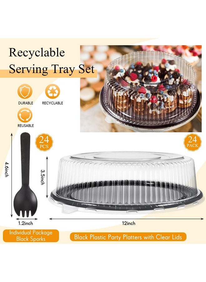 Tessco 24 Pack 12 Inch Heavy Duty Serving Tray with Clear Lid and Sporks, Large Plastic Tray with Elegant Platter Round Black Disposable for Fruit Sandwich Party Takeout Food Catering Picnic