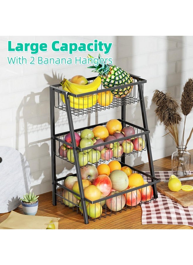 Simple Trending 3 Tier Fruit Basket Metal Wire with 4 Banana Hooks, Countertop Fruit Vegetable Basket Kitchen Organizer for Bread Snack Veggies Produce, Black