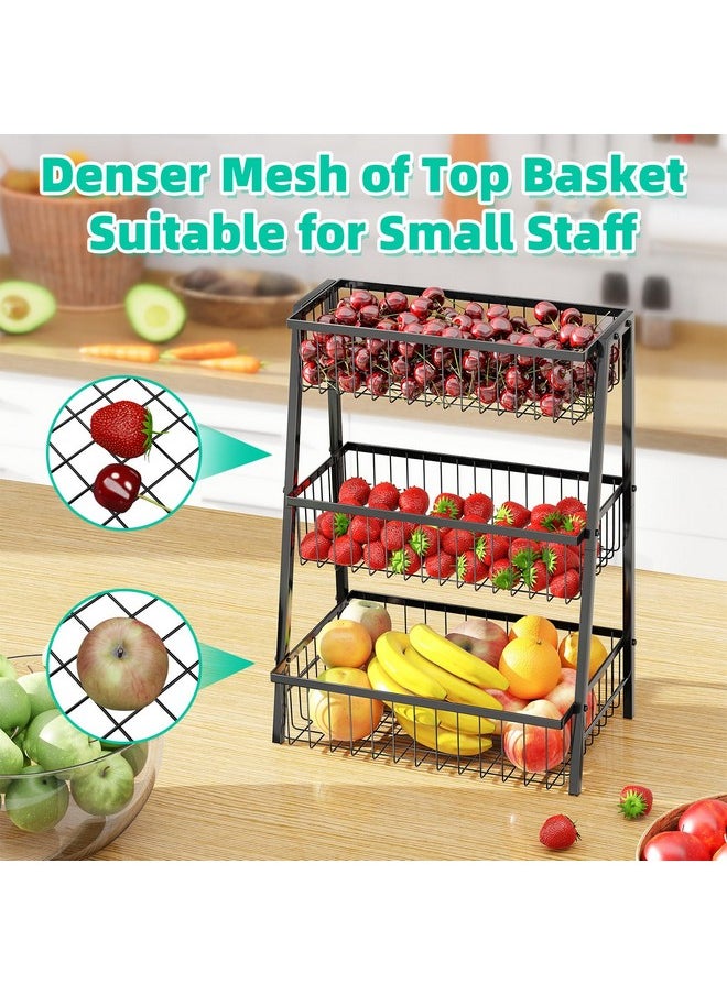 Simple Trending 3 Tier Fruit Basket Metal Wire with 4 Banana Hooks, Countertop Fruit Vegetable Basket Kitchen Organizer for Bread Snack Veggies Produce, Black