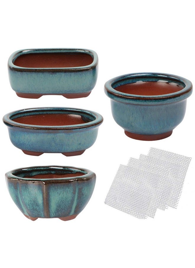 kilofly Happy Bonsai Mini Glazed Pots Value Set of 4, with 4 Soft Mesh Drainage Screens