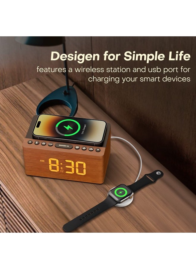 ANJANK Wooden Bluetooth Speaker Alarm Clock with Fm Radio, Wireless Charging Station for iPhone/Samsung, USB Charger Port, Dimmable Display, Sleep Timer, Digital Wood Clock for Bedroom, Bedside