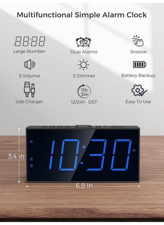 Digital Dual Alarm Clock for Bedroom, Large Display Bedside with Battery Backup, USB Phone Charger, Volume, Dimmer, Easy to Set Loud LED Heavy Sleepers Kid Senior Teen Boy Girl Kitchen