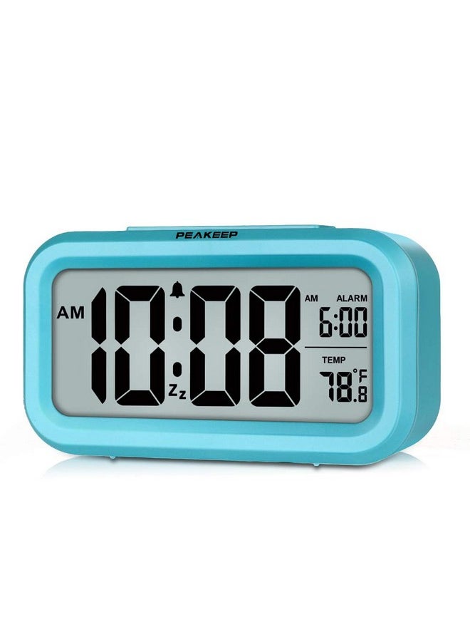 Peakeep Night Light Digital Alarm Clock Battery Operated with Indoor Temperature, Desk Small Clock (Blue)