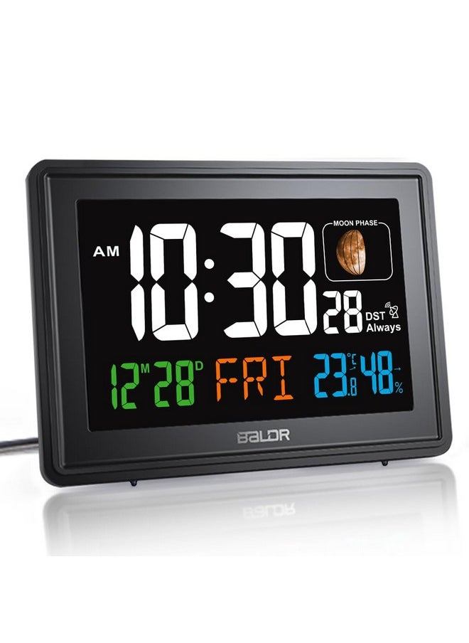 BALDR Atomic Clocks for Bedrooms Digital Large Display - Black - Desk Clock with Temperature Indoor and Humidity, Night Stand Clock, Moon Phase Clock, Alarm Clocks for Living Room, Digital Clock Wall