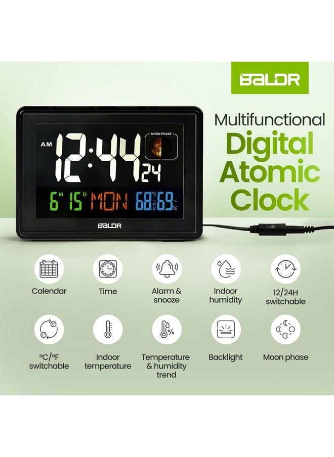 BALDR Atomic Clocks for Bedrooms Digital Large Display - Black - Desk Clock with Temperature Indoor and Humidity, Night Stand Clock, Moon Phase Clock, Alarm Clocks for Living Room, Digital Clock Wall