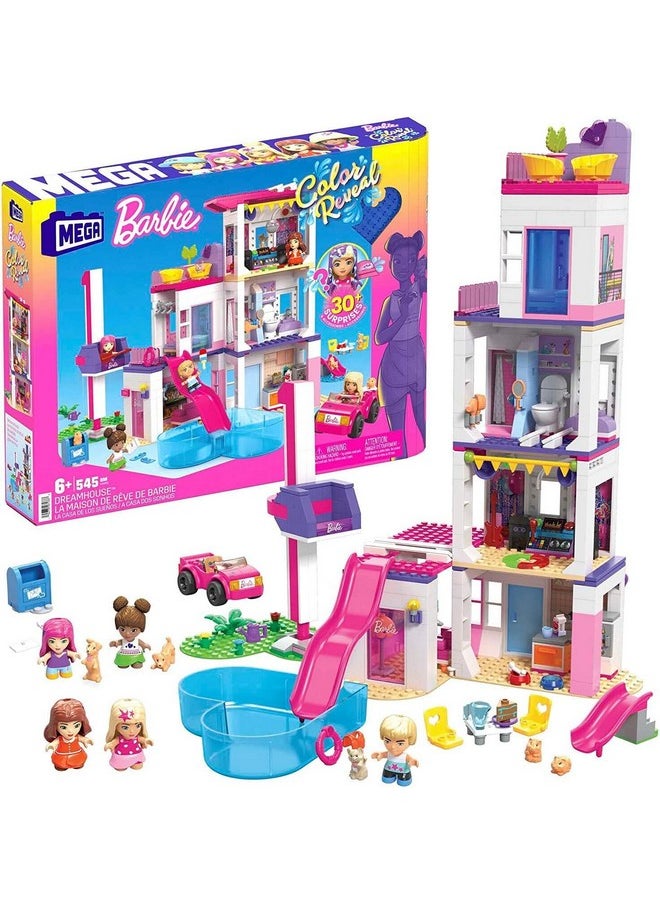 Mega Barbie Color Reveal Building Toys Set, DreamHouse with 545 Pieces, 5 Micro-Dolls, 6 Pets and Accessories, 30 + Surprises, Kids Ages 6+ Years