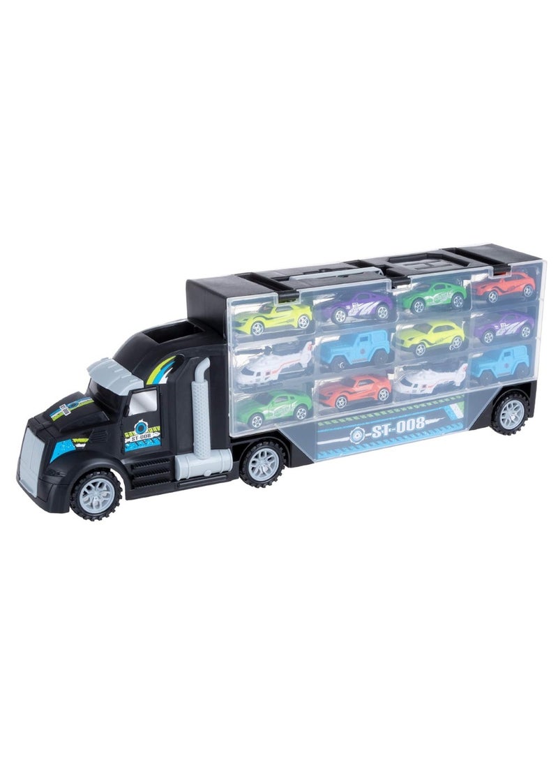 Car Carrier Semi Truck Toy - 2-Sided Cargo Trailer Holds 24 Vehicles- Includes 10 Cars and 2 Helicopters –Storage Case with Carry Handle