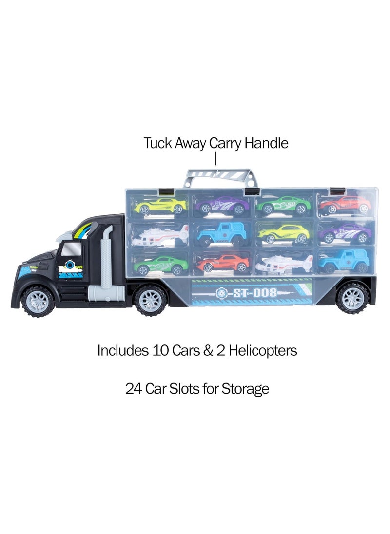 Car Carrier Semi Truck Toy - 2-Sided Cargo Trailer Holds 24 Vehicles- Includes 10 Cars and 2 Helicopters –Storage Case with Carry Handle