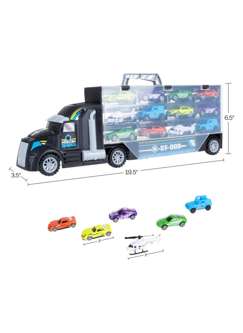 Car Carrier Semi Truck Toy - 2-Sided Cargo Trailer Holds 24 Vehicles- Includes 10 Cars and 2 Helicopters –Storage Case with Carry Handle