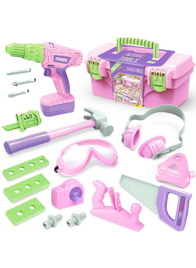 Kids Tool Set, Girls Tool Set Pretend Play Construction Toy Tool With Tool Box, Toddler Tool Set With Electric Toy Drill For Toddler Boy Girl Kid Child Tool Toy Pink Ages 3+