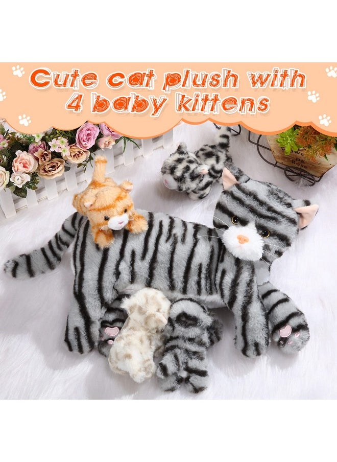 Skylety Nurturing Cat Stuffed Animal with Plush Kittens, Cat Baby Christmas Stuffed for Girls and Boys Plushy Kitty Mommy Cat with 4 Baby Cats for Birthday Party Favors Gifts(Cuddly Style)